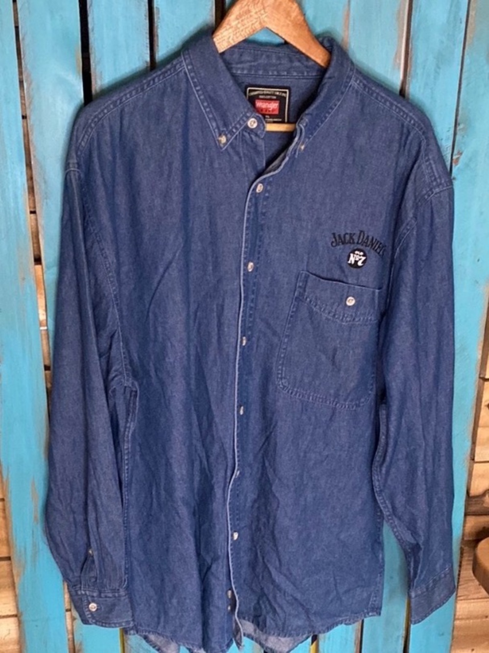 Wrangler Workwear blue denim embroidered Jack Daniels button up Shirt size XL